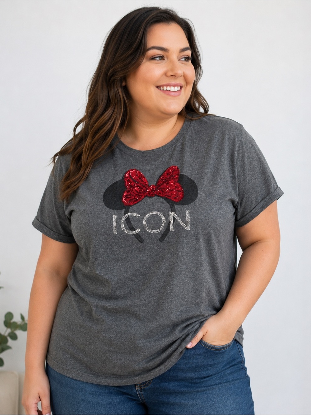 Disney Parks Minnie Mouse ICON Sequin Grey Tee L